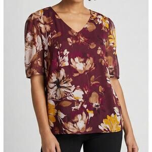 Calvin Klein Large V Neck Short Sleeve Floral Blouse Plum Burgundy Tan